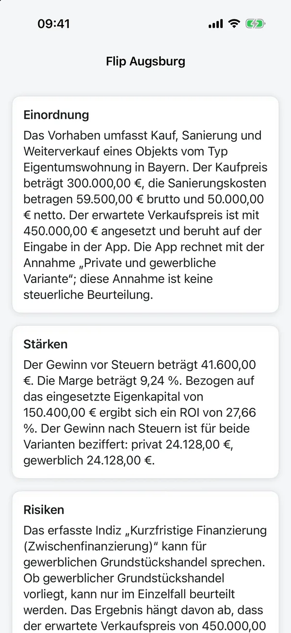 Der Berater zum Beispiel-Flip: Einordnung des Vorhabens, Stärken mit Gewinn und Marge, Risiken wie der gewerbliche Grundstückshandel.